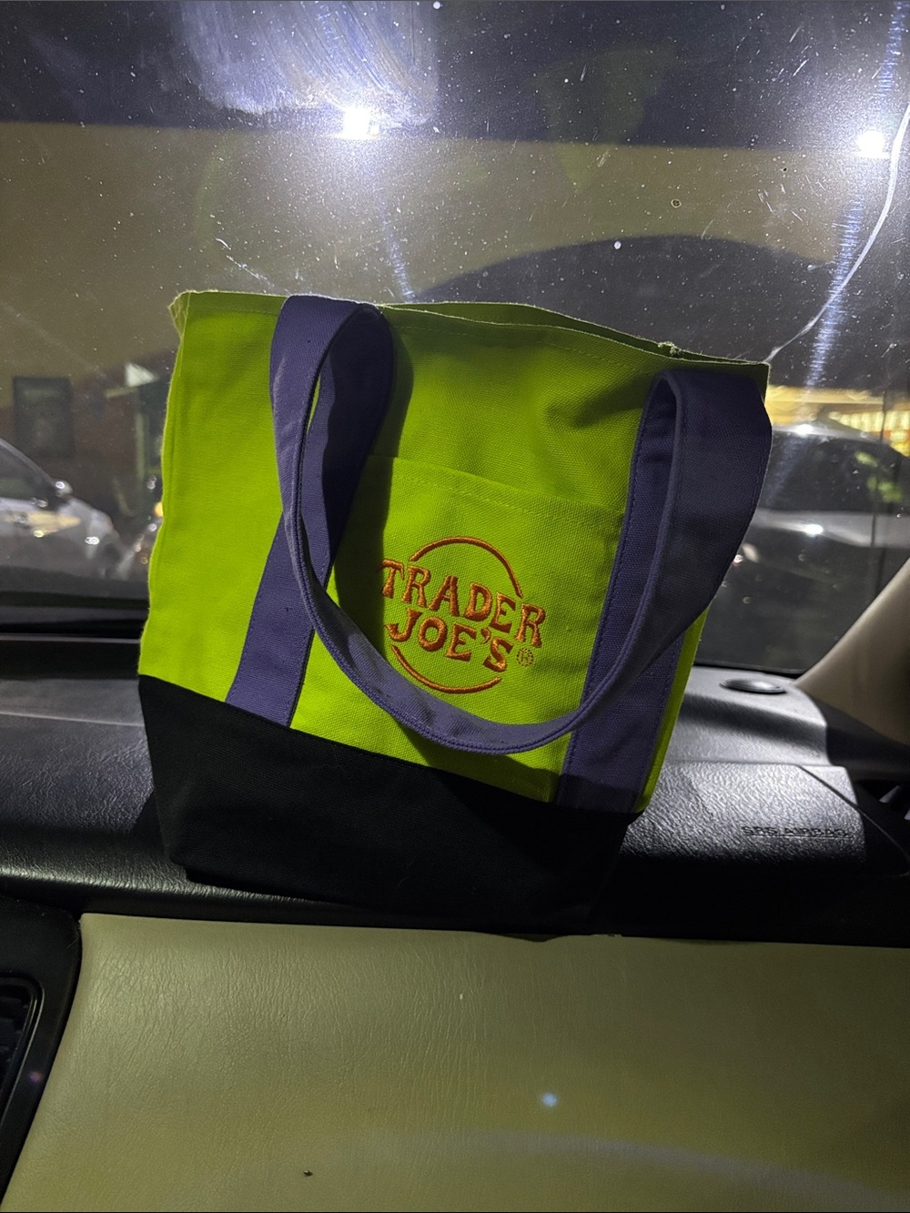 Lime Green Canvas Tote with Black Base and Purple Handles